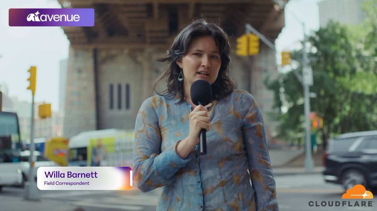 Willa holding a microphone on a city street as Field Correspondent for Cloudflare's AI Avenue
