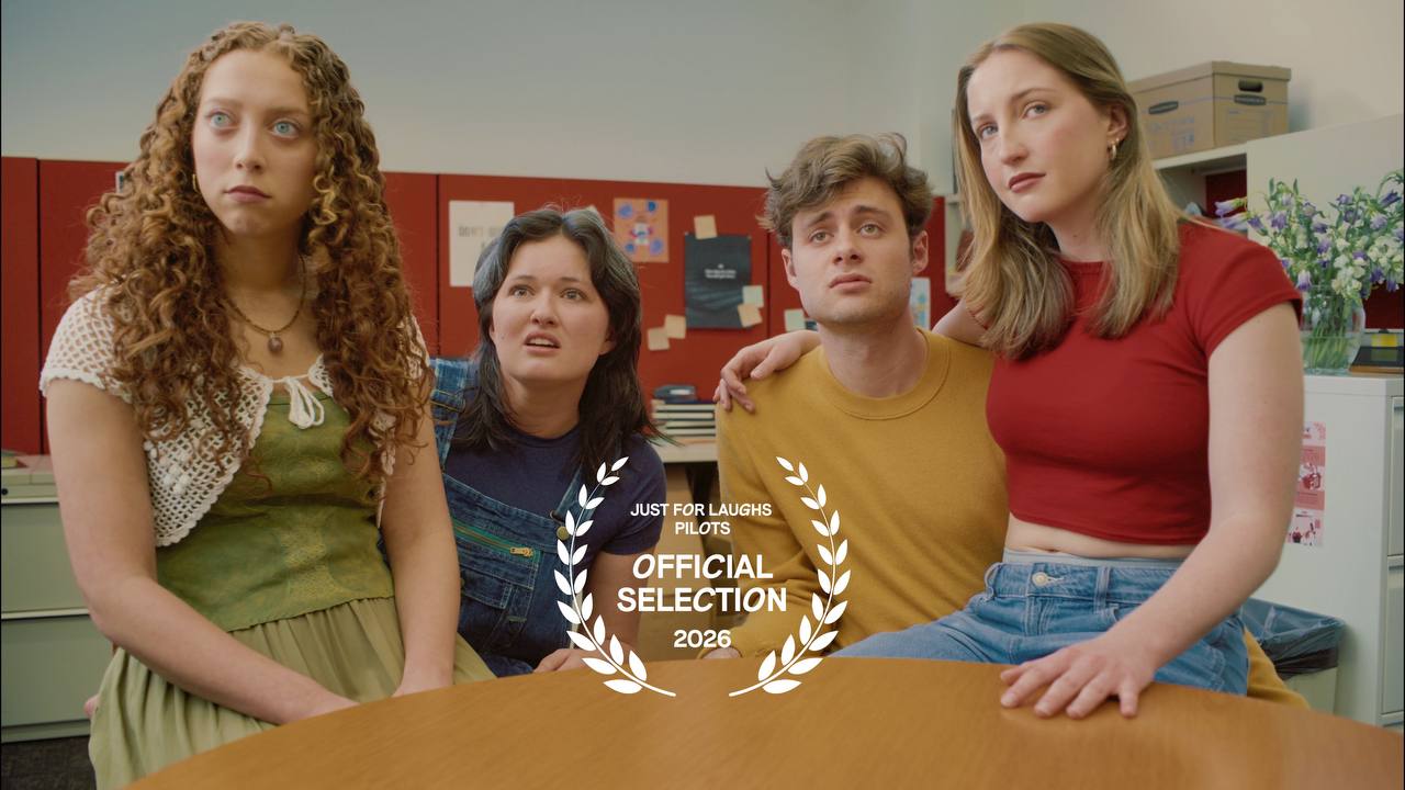 Skip Skip, Willa, Kaela, Sasha, and Justin, deadpan in an office set, with the Just For Laughs Pilots Official Selection 2026 laurel